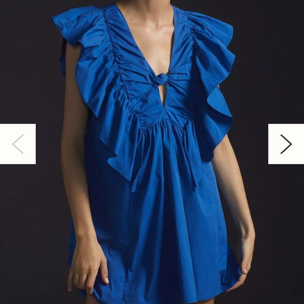 Anthropologie Blue Tassel Ruffled Waistless Mini Dress Womens Size XS Knotted